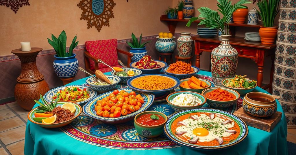 Colorful Moroccan feast showcasing vibrant plates of salads and traditional dishes in a warm atmosphere.