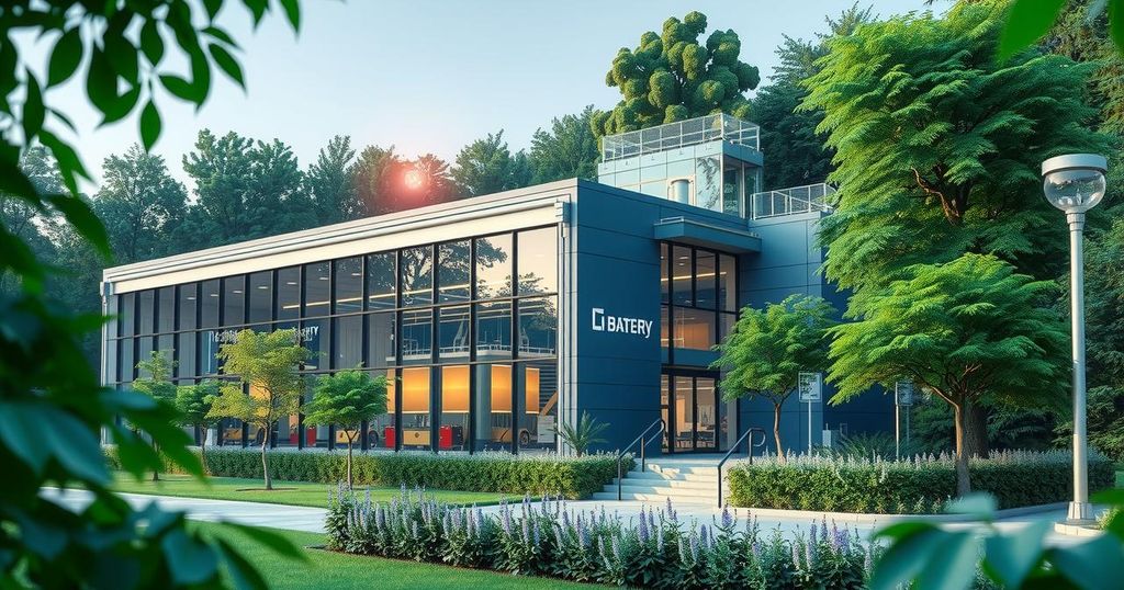 Electric vehicle battery plant in Indonesia showcasing modern architecture and production lines with green accents.