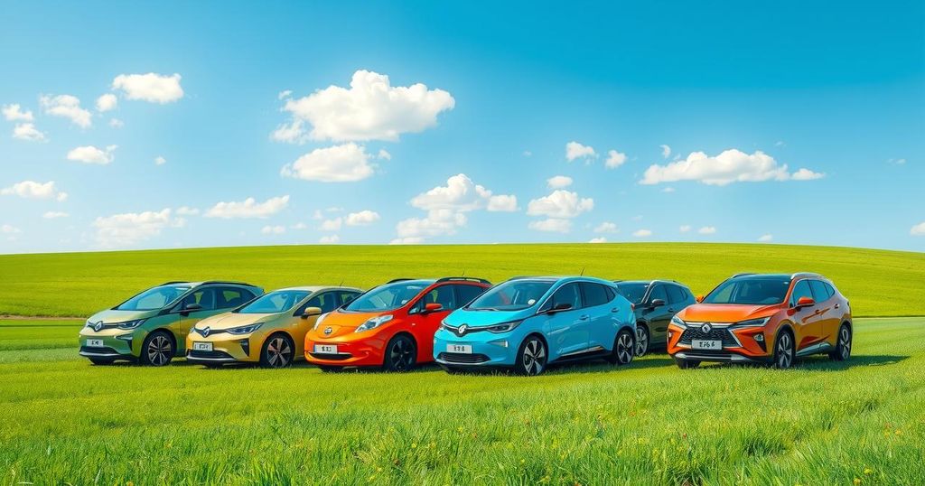Electric vehicles lined up under a bright sky with lush green surroundings, symbolizing sustainable mobility in Rwanda.