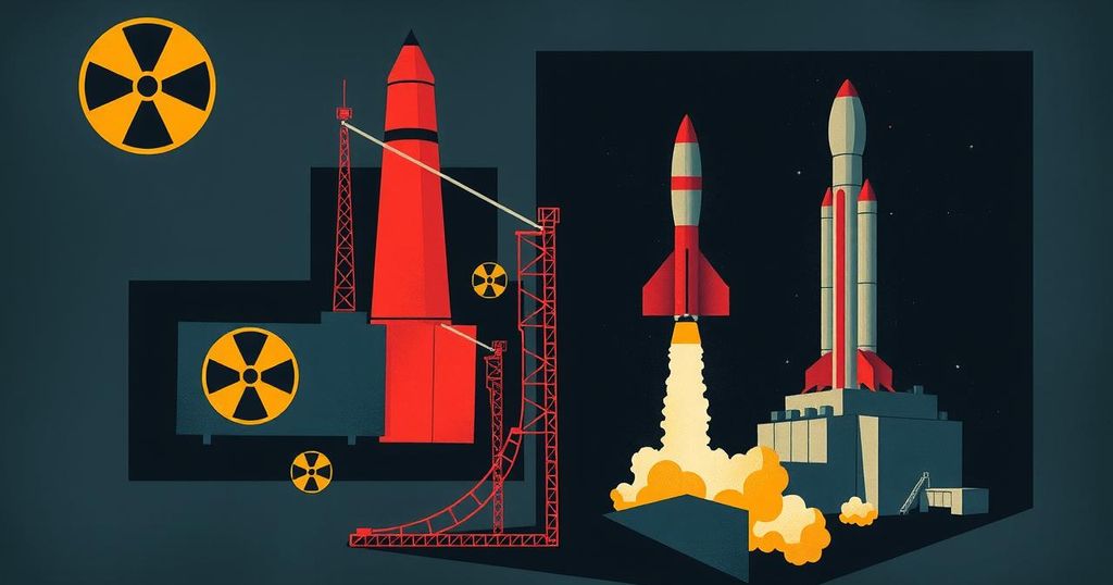A stylized illustration showing abstract nuclear facilities and missile launches, in dark colors with bright highlights.