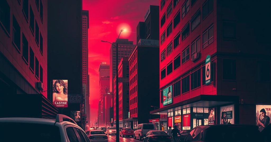 A symbolic representation of urban safety and vigilance, featuring urban landscapes and dramatic lighting.