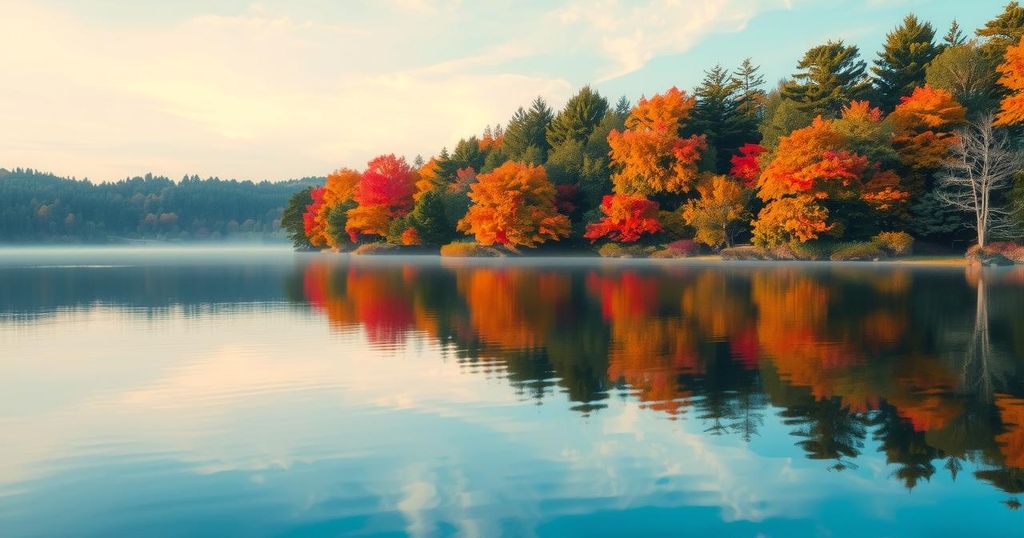 A serene landscape with a tranquil lake, vibrant trees, and a peaceful sky, capturing the beauty of nature.
