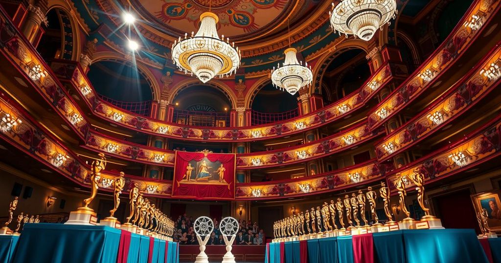 A vibrant movie award scene with colorful decorations and awards shining under theater lights in Shanghai.