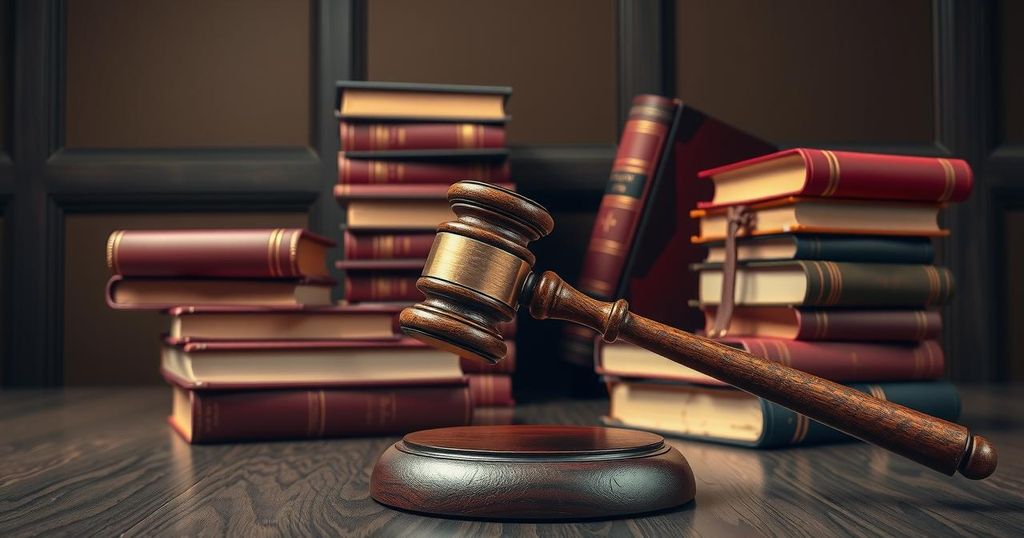 A dramatic courtroom scene with a gavel and legal books, symbolizing justice and legal proceedings.
