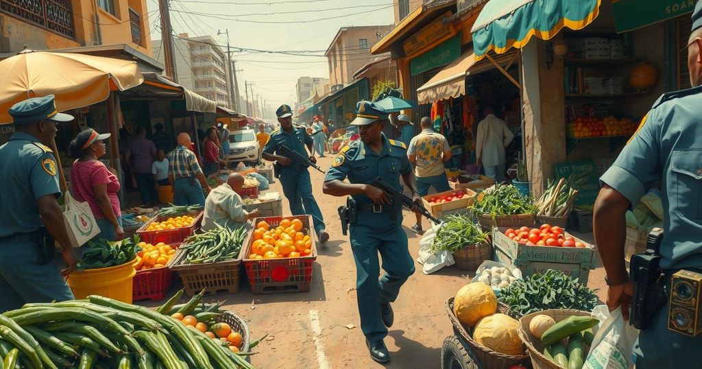 A bustling Harare street scene with vendors selling goods amidst a chaotic police raid.