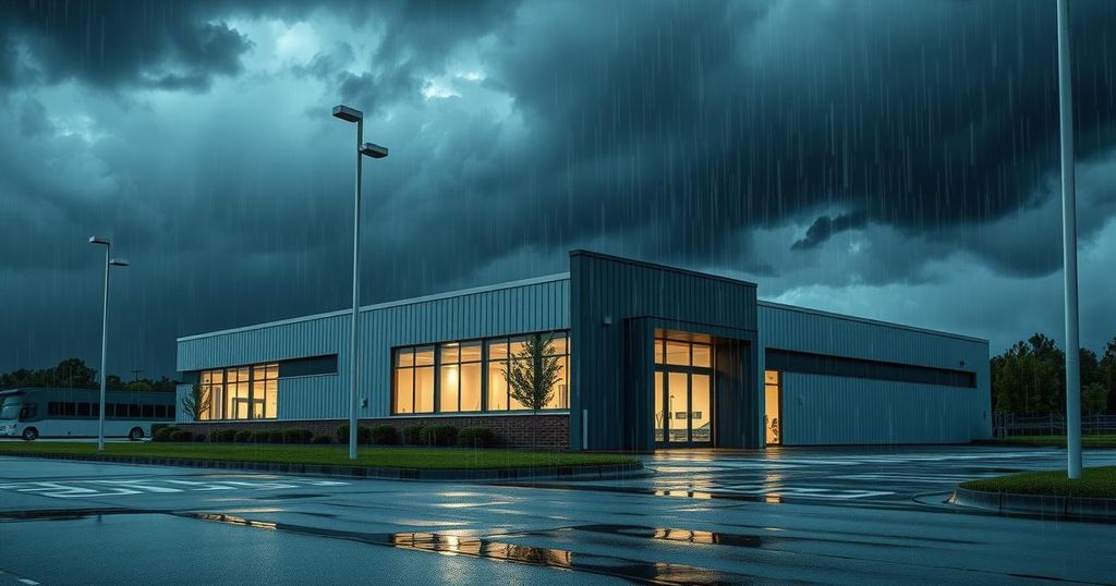 A modern emergency operations center building surrounded by stormy weather and heavy rainfall, reflecting resilience.