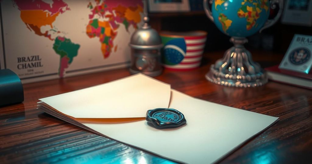 A diplomatic letter symbolizing international relations and trade negotiations with vibrant colors.
