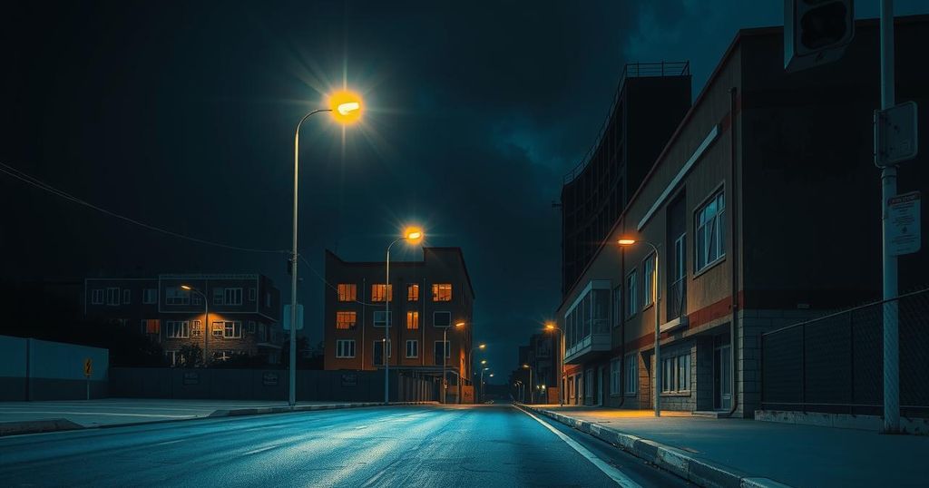 Nighttime urban scene in Africa with empty streets and shadows, showcasing vulnerability and tension.