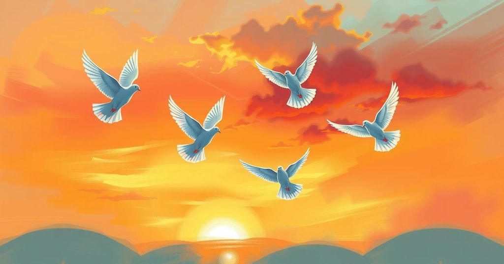 A symbolic representation of freedom, with doves ascending against a vibrant sunset, embodying hope and liberation.