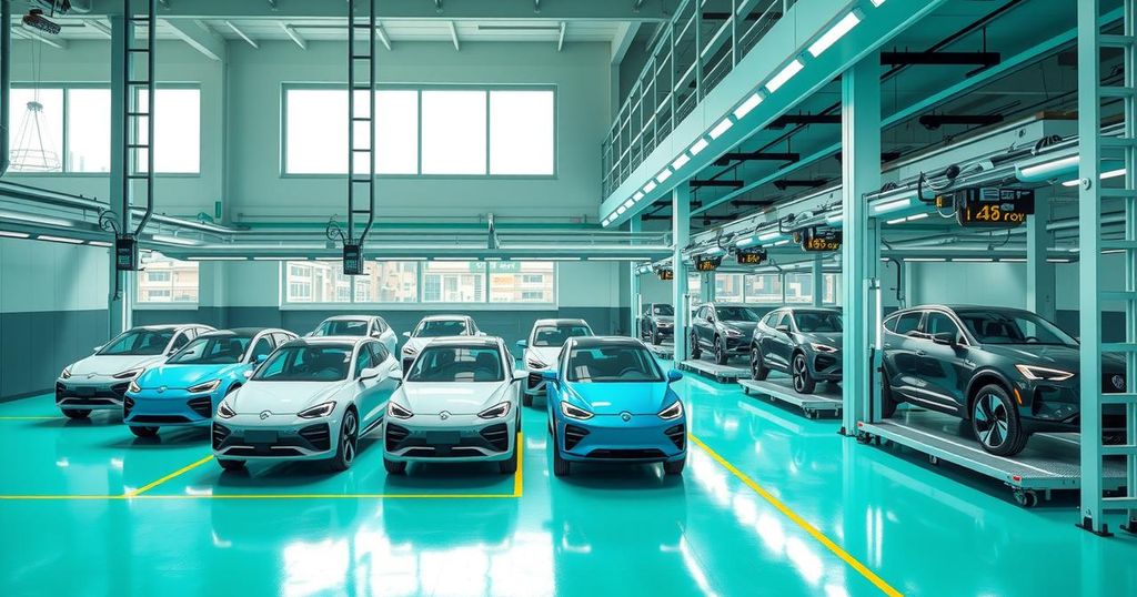 A modern electric vehicle factory showcasing EV assembly in a sleek industrial setting with vibrant colors.