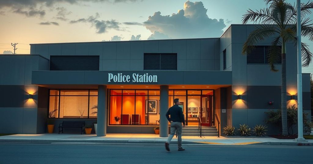 A police station exterior in Monrovia with an emphasis on law enforcement. Captured in neutral tones.
