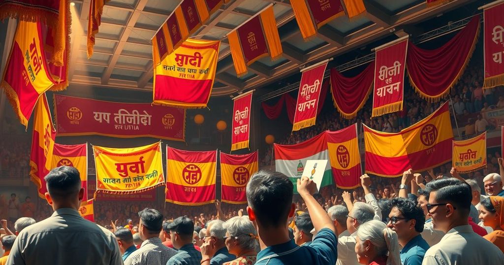 A grand political rally scene showing vibrant banners and a large audience celebrating unity and culture.