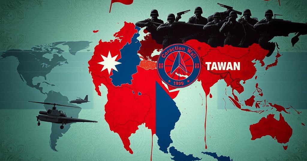 A dramatic depiction of world conflict, featuring maps of Taiwan and NATO, with bold colors and surreal style.