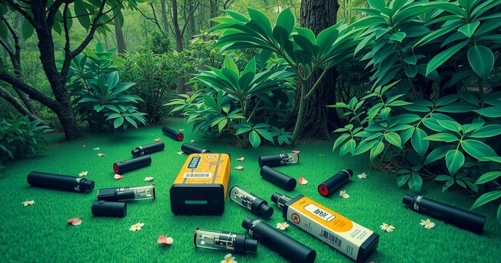 A vibrant vaping environment contrasting green nature with harmful vape products, highlighting the risks of youth vaping in Nigeria.