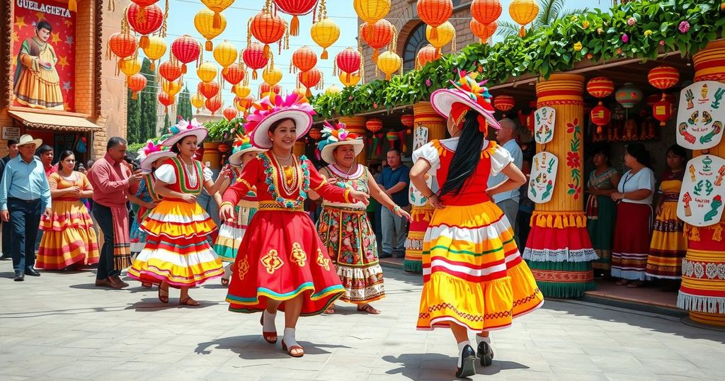 Vibrant colorful festival scene from Oaxaca, showcasing cultural dances and arts amidst festive decorations.