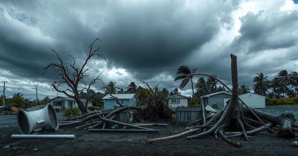 Devastation from a powerful cyclone on La Reunion, with debris and uprooted trees under a gray stormy sky.