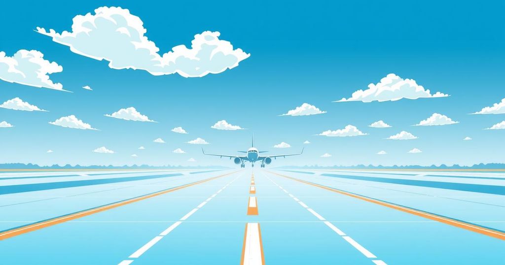Stylized illustration of an empty runway with an aircraft silhouette under a bright blue sky, showcasing aviation themes.