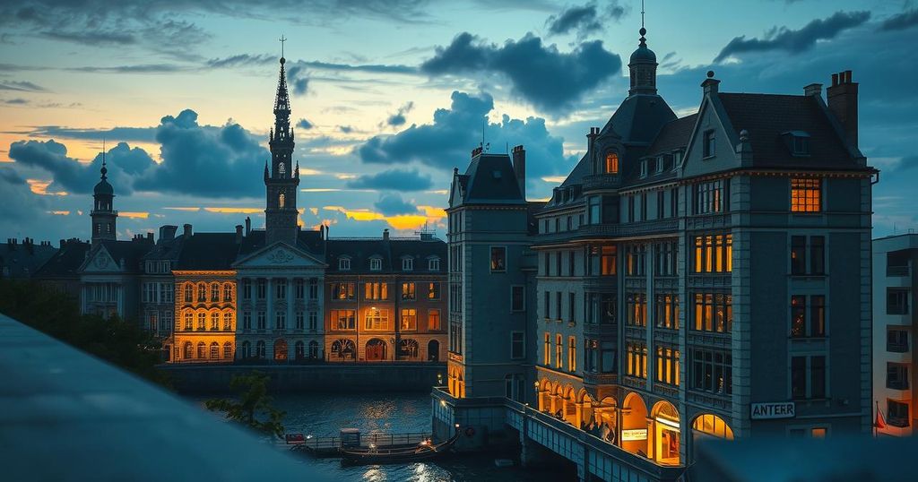 A dramatic cityscape of Antwerp at twilight, with illuminated buildings and a somber sky, capturing urban intrigue.