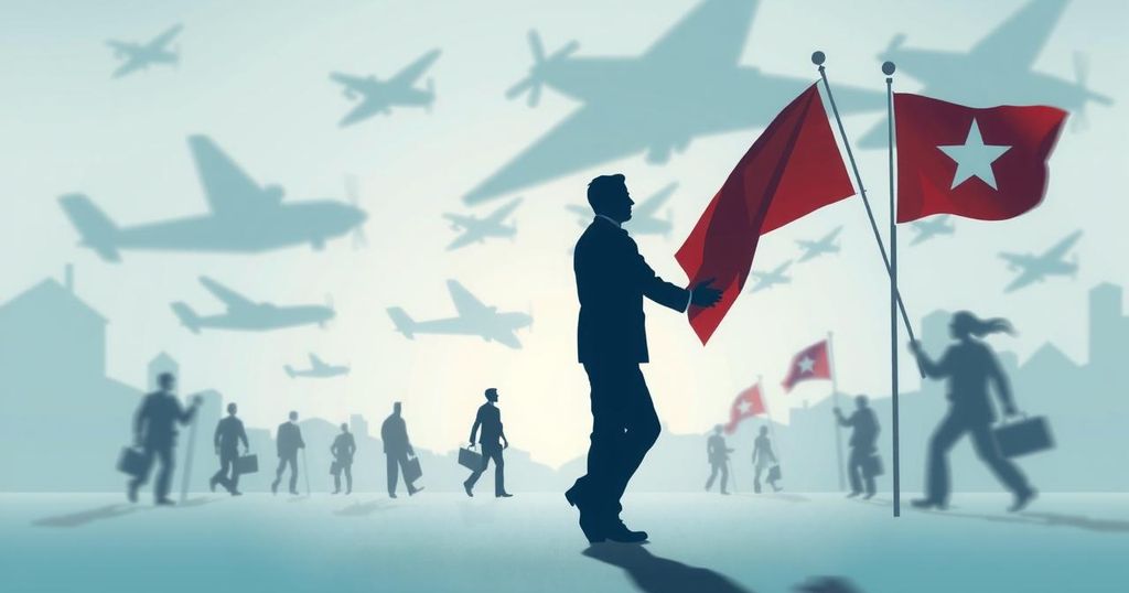 Symbolic representation of a prisoner exchange agreement with flags and blurred visuals of handshakes and planes.