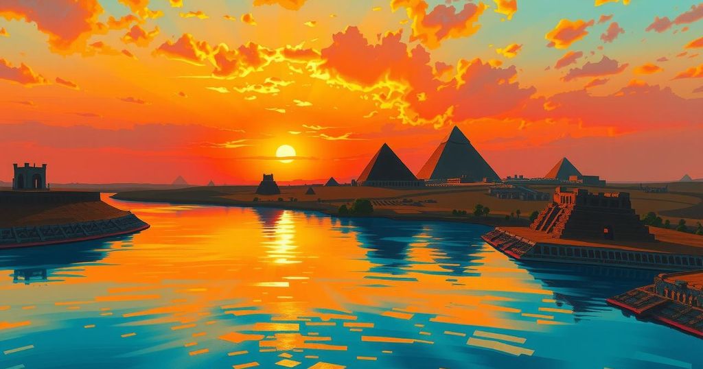 A serene Nile River with pyramids in the background during sunset, showcasing Egyptian beauty and culture.