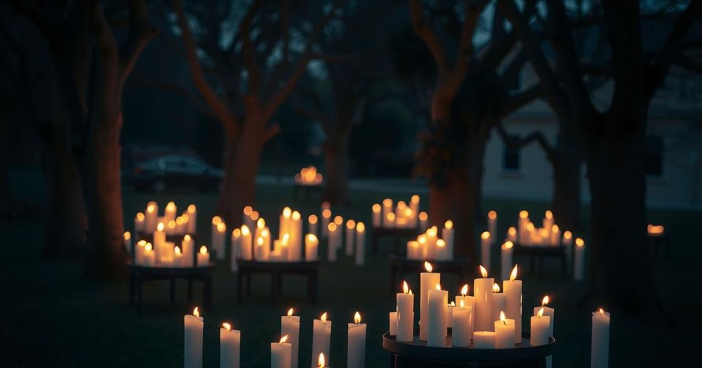 Candlelight vigil in a serene outdoor setting, symbolizing remembrance and support for victims of violence.