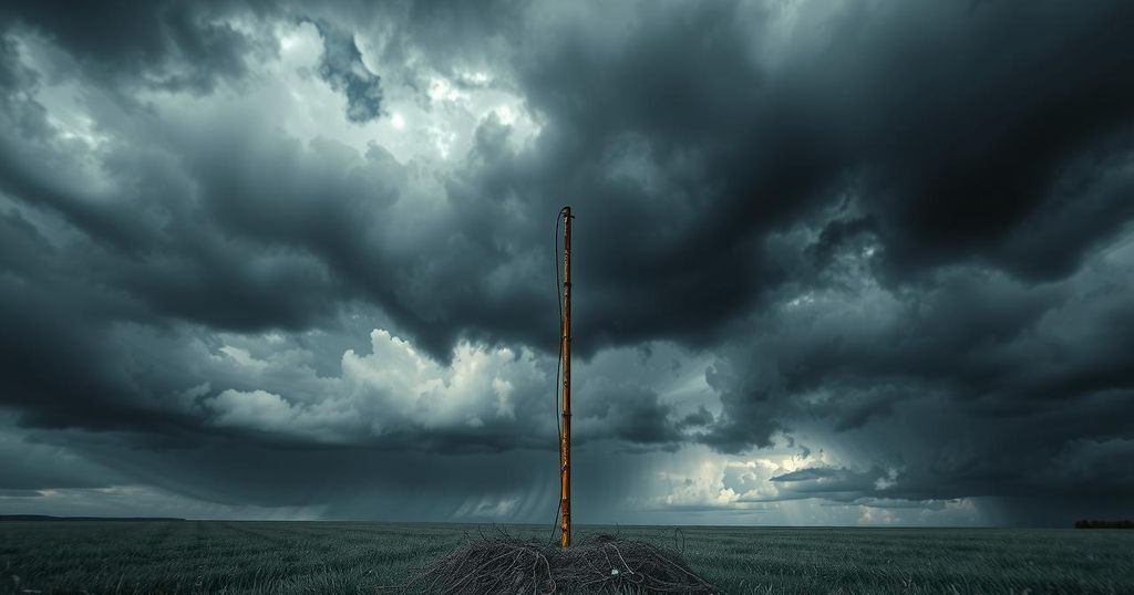 A somber landscape with dark stormy clouds and a lone empty flagpole in the foreground, evoking a solemn atmosphere.