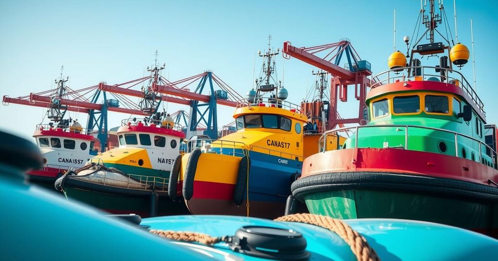 A vibrant collection of modern tugboats in a shipyard under bright blue skies, showcasing various Canadian designs.