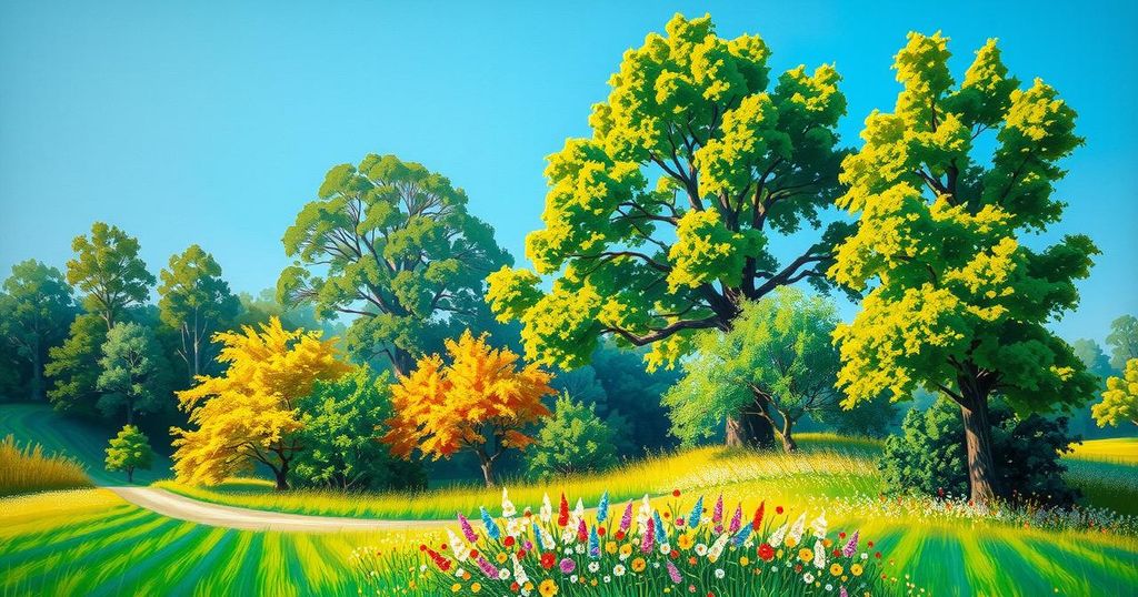 A vibrant abstract landscape with lush greenery, colorful flowers, and a clear blue sky, capturing the beauty of nature.