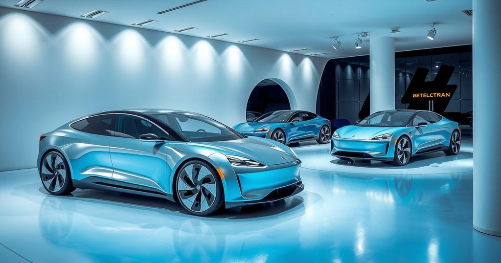 Electric cars in futuristic design showcased indoors, highlighting innovation and technology for modern mobility.