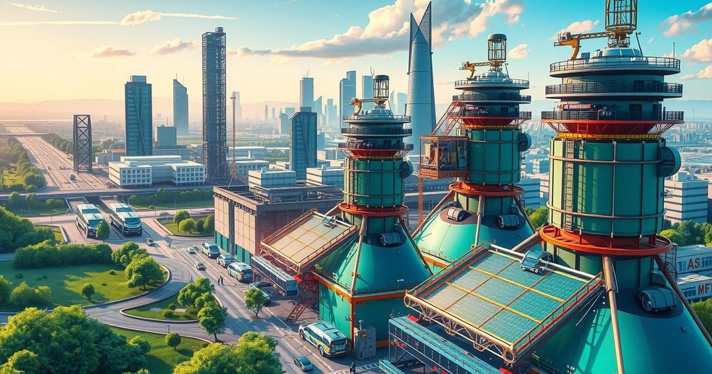 A skyline with industrial elements, showcasing electric vehicle manufacturing in a modern, vibrant setting.