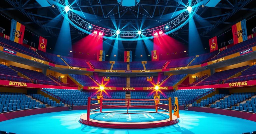 A vibrant scene of a boxing arena in Montevideo, showcasing an empty arena ready for a thrilling event.