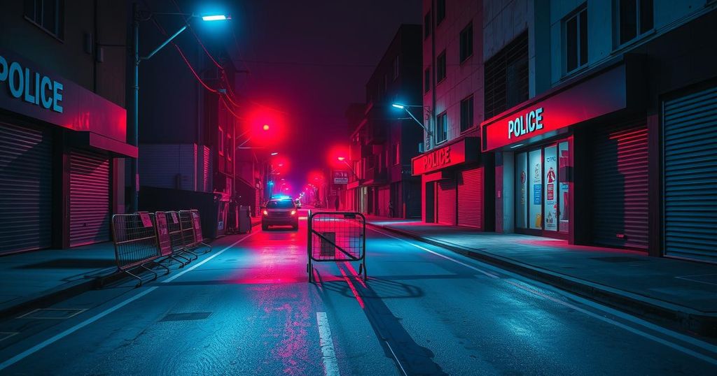 A dark street illuminated by blue and red police lights, surrounded by barriers and empty storefronts.