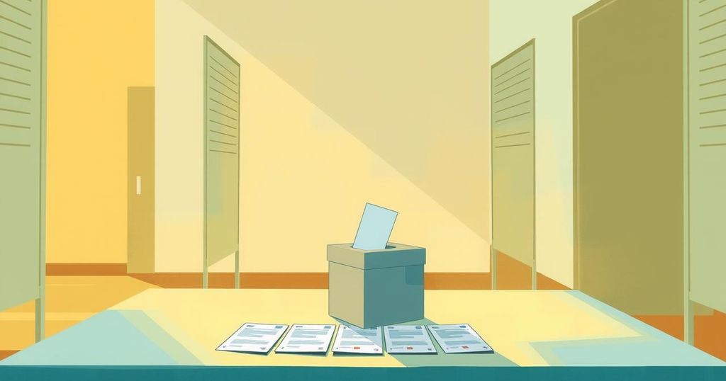 Voting box and ballot papers on a table during a political election