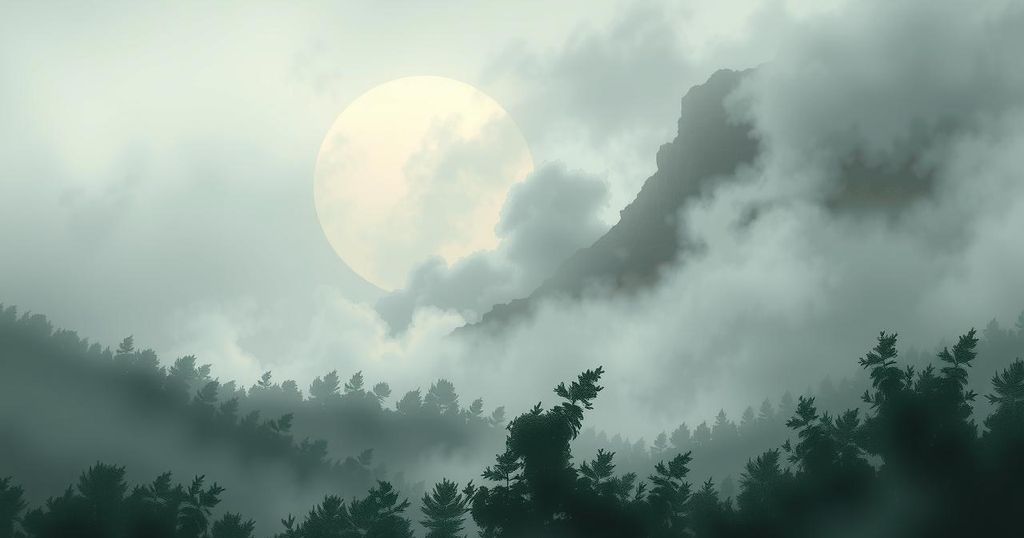 Foggy Lebanese landscape symbolizing political tension and the call for disarmament, blending gray and muted greens.