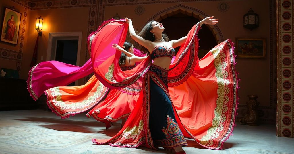 Cultural representation of belly dancing, featuring elegant movements and vibrant colors in a traditional setting.