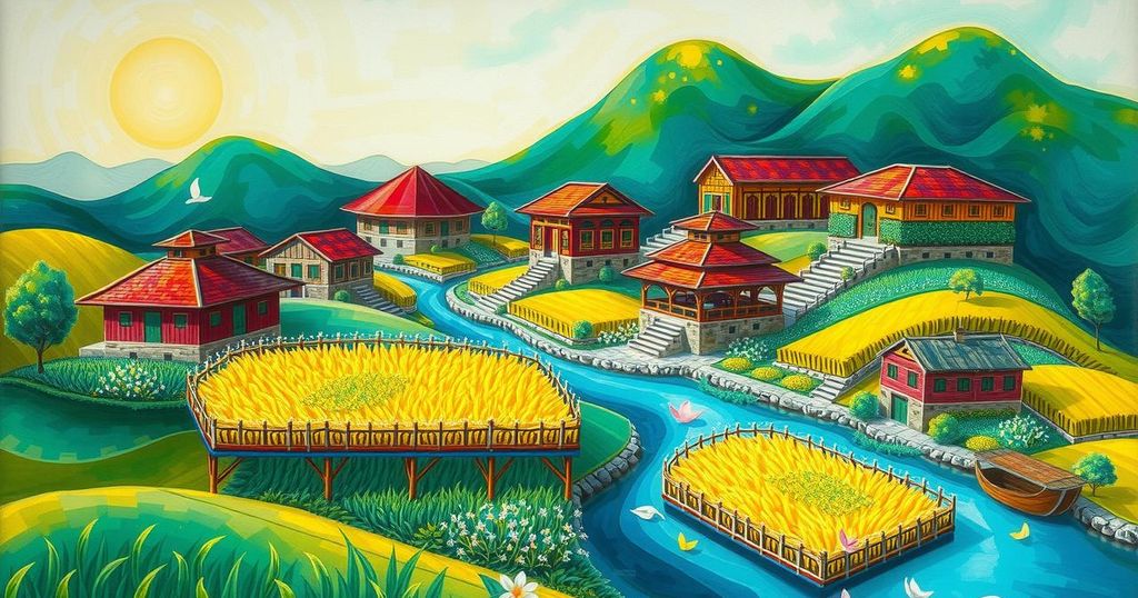 A vibrant landscape symbolizing India-Vietnam relations with trade elements, in bright colors.