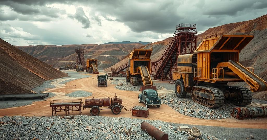 A desolate gold mine scene in Central Africa, showcasing mining equipment against a dusty landscape, under a somber sky.