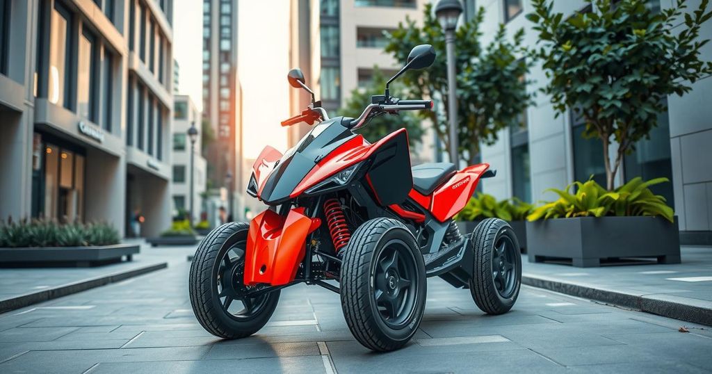 A bright electric quadricycle parked in an urban setting, showcasing innovative design and Moroccan engineering.