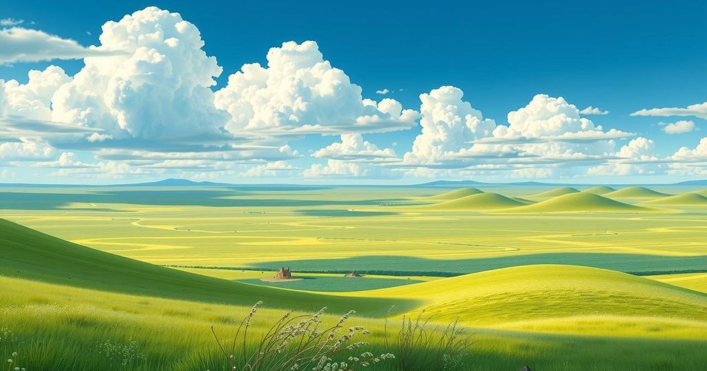 Traditional Mongolian landscape featuring vast steppes and a majestic blue sky