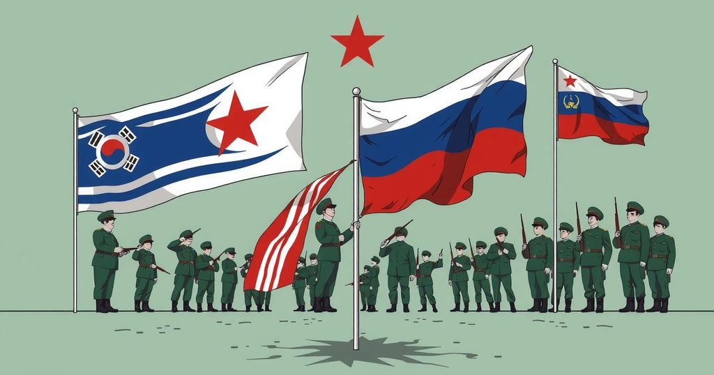 North Korean leader offers unwavering support to Russia depicted with symbolic flags and military imagery in muted tones.