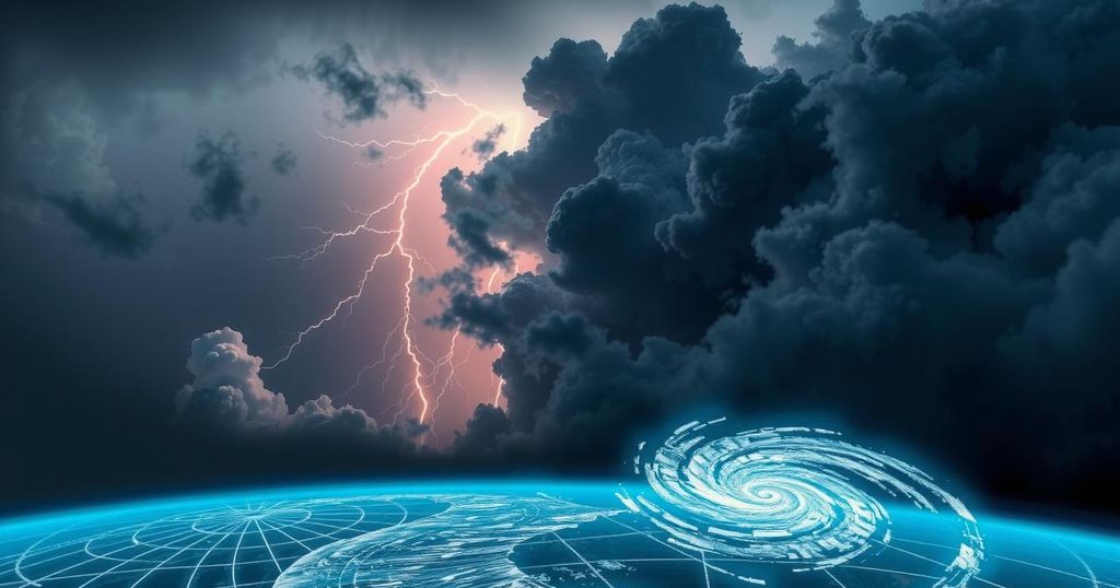 A view of storm clouds with lightning, radar data, and satellites in a vibrant color scheme, showcasing hurricane forecasting technology.