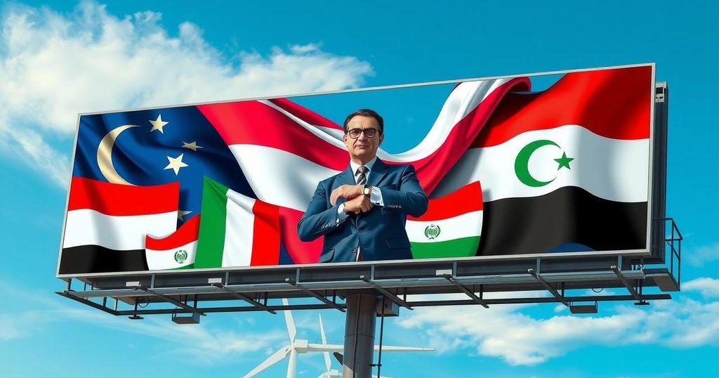 A billboard depicting Arab leaders and a US President promoting new peace agreements in the Middle East.