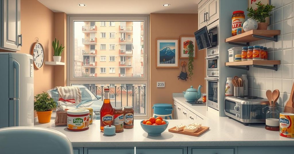 Couple enjoying a cozy kitchen filled with Russian food products and a Chinese car parked outside their modern apartment.