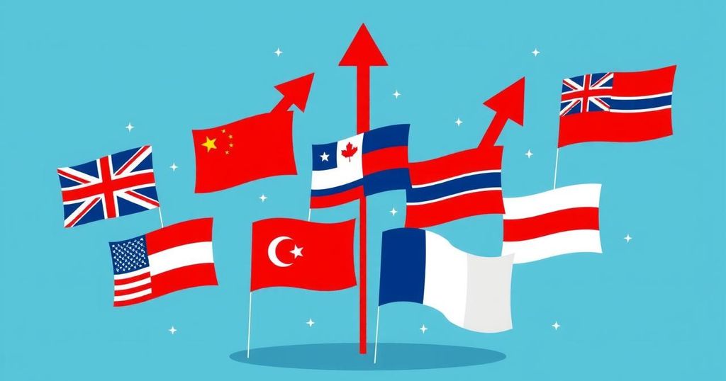 Tariffs impacting global trade depicted with symbolic flags and rising arrows in a striking, modern design.