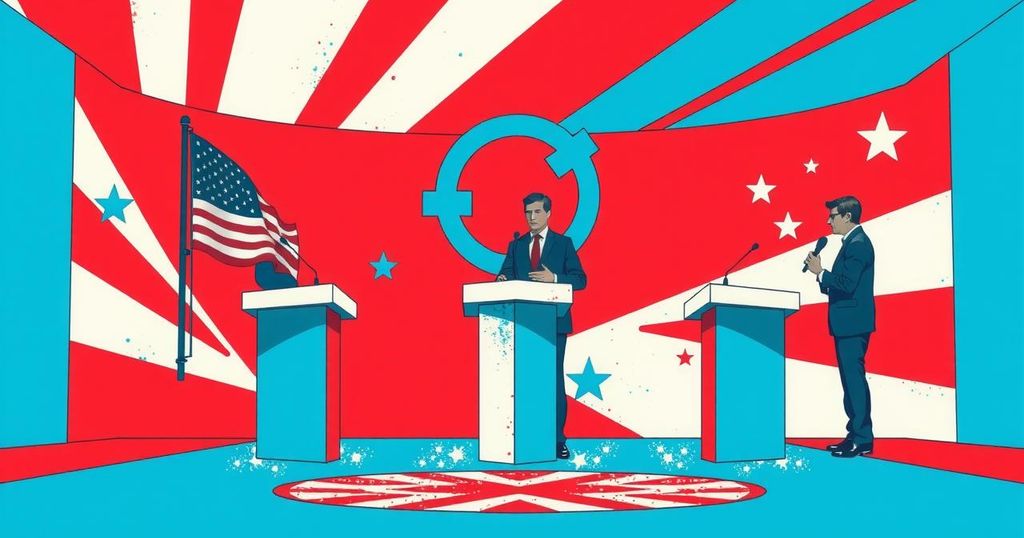 Scene of a political debate with icons of political figures, featuring symbols of the MAGA movement and international flags.