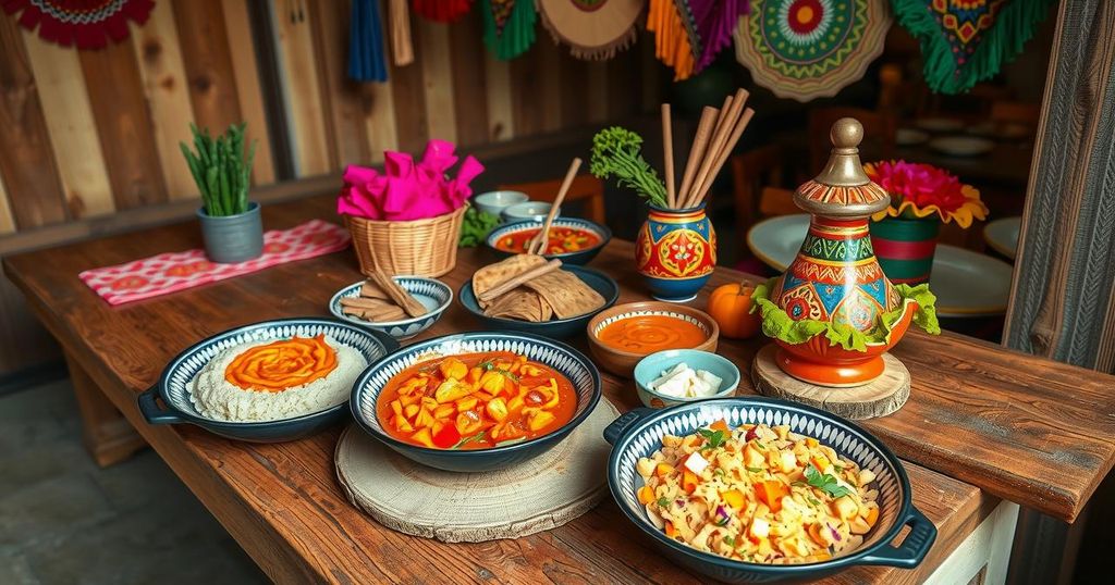 A festive display of Peruvian cuisine, showcasing colorful dishes like ceviche and rustic decor in a warm ambiance.