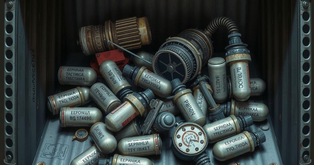 A detailed, cluttered container showing suspicious materials and labels, surrounded by chaotic digital elements in grayscale.