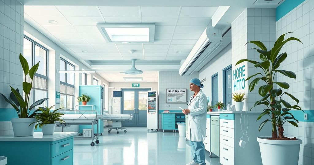 A serene hospital scene showcasing medical equipment and local hospital staff working together in a campus environment.