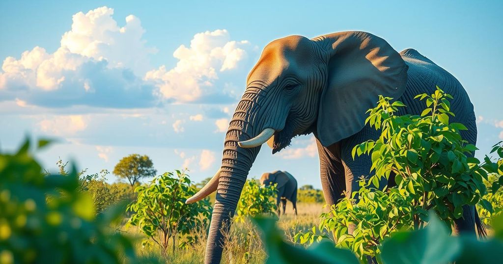 A serene landscape of South Luangwa National Park, featuring lush greenery and a roaming elephant under a bright sky.