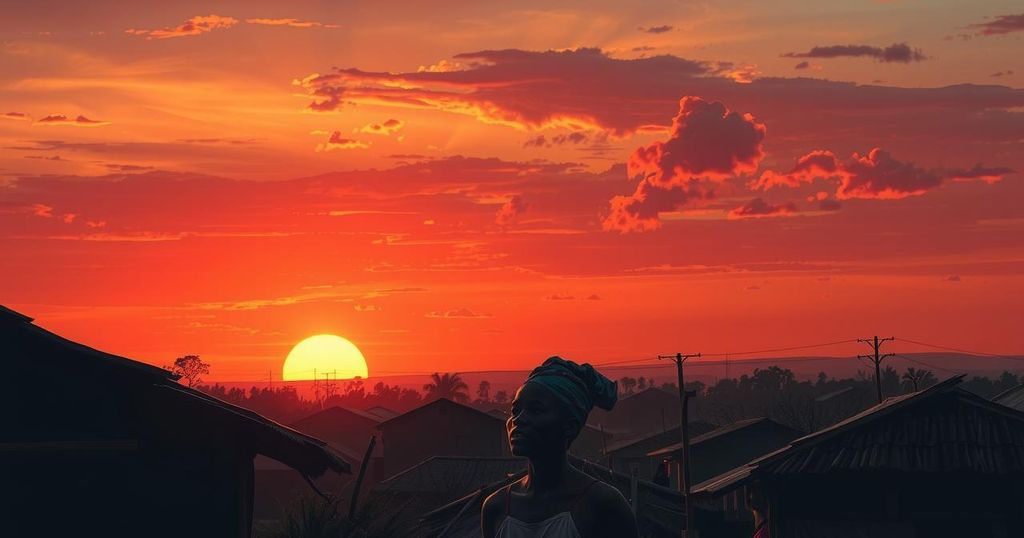 A dramatic sunset over a quiet informal settlement, symbolizing a narrative of tension and unresolved conflict.